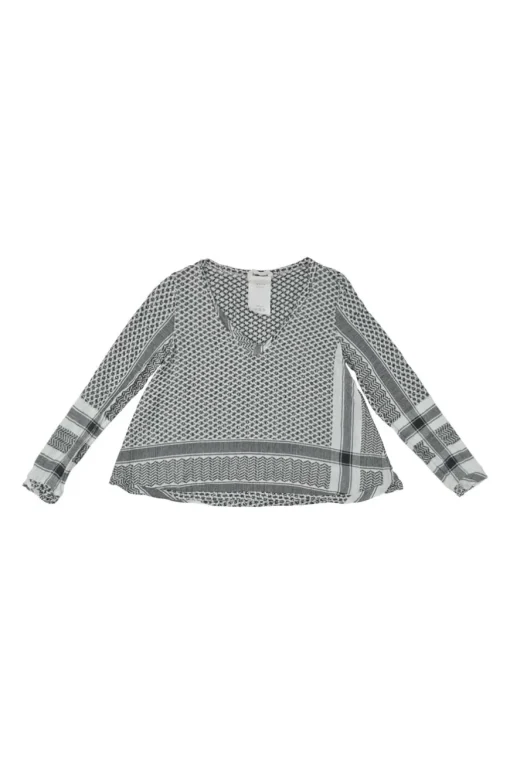 Black cotton patchwork check jacquard swing-style long sleeve Y-collar blouse