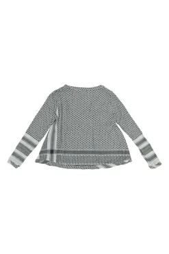 Black cotton patchwork check jacquard swing-style long sleeve Y-collar blouse