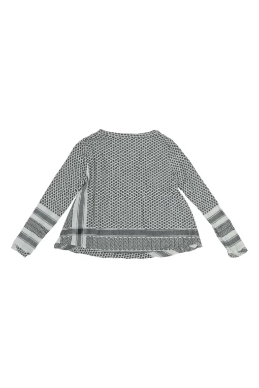 Black cotton patchwork check jacquard swing-style long sleeve Y-collar blouse