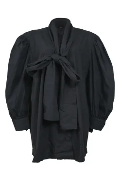 Black cotton poplin dolman sleeve puss-bow blouse