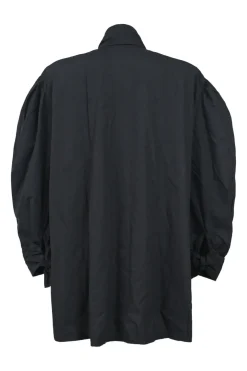 Black cotton poplin dolman sleeve puss-bow blouse