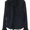 Black cotton poplin jabot collar button-front shirt with flounce button cuffs