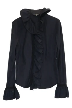Black cotton poplin jabot collar button-front shirt with flounce button cuffs