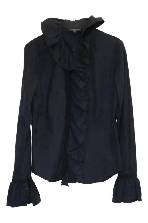 Black cotton poplin jabot collar button-front shirt with flounce button cuffs