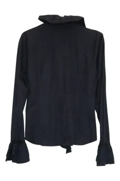 Black cotton poplin jabot collar button-front shirt with flounce button cuffs