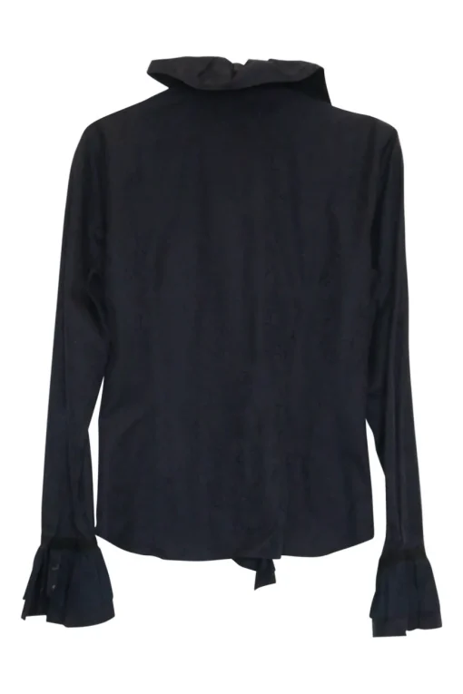 Black cotton poplin jabot collar button-front shirt with flounce button cuffs