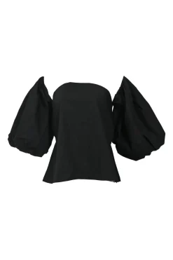 Black cotton poplin off-shoulder blouse with tucked puff sleeves