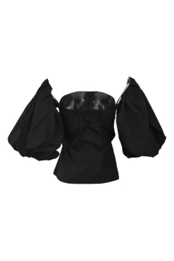 Black cotton poplin off-shoulder blouse with tucked puff sleeves