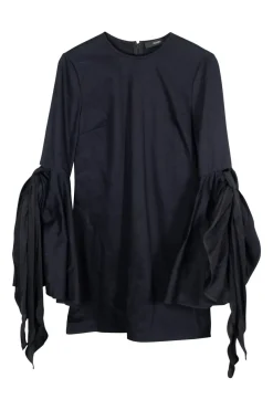 Black cotton poplin oversized bell sleeve dress with long hanging ribbon ties