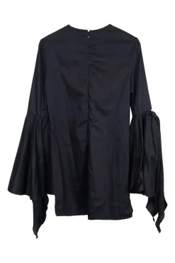 Black cotton poplin oversized bell sleeve dress with long hanging ribbon ties