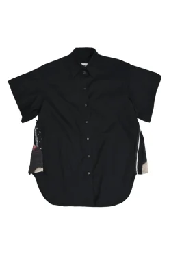 Black cotton poplin point collar dolman short sleeve button-front swing shirt with printed side inserts
