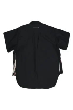 Black cotton poplin point collar dolman short sleeve button-front swing shirt with printed side inserts