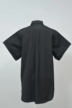 Black cotton poplin point collar dolman short sleeve button-front swing shirt with printed side inserts