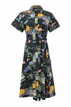 Black cotton poplin starry sky novelty print short sleeve A-line belted shirt dress