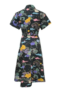 Black cotton poplin starry sky novelty print short sleeve A-line belted shirt dress