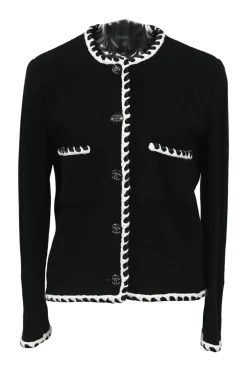 Black cotton raschel knit collarless button-front cardigan jacket with contrasting braided edges and Coco Mark shank buttons
