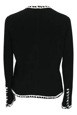 Black cotton raschel knit collarless button-front cardigan jacket with contrasting braided edges and Coco Mark shank buttons