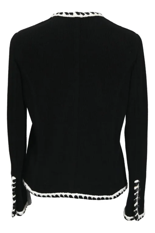 Black cotton raschel knit collarless button-front cardigan jacket with contrasting braided edges and Coco Mark shank buttons