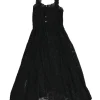 Black cotton scalloped broderie Anglaise half-button sun dress with drawstring waist and fixed straps