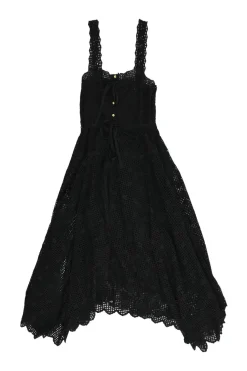 Black cotton scalloped broderie Anglaise half-button sun dress with drawstring waist and fixed straps