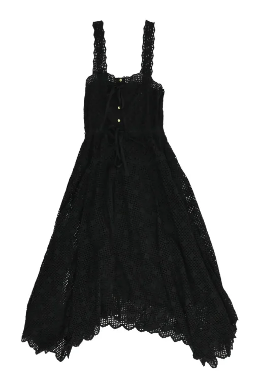 Black cotton scalloped broderie Anglaise half-button sun dress with drawstring waist and fixed straps