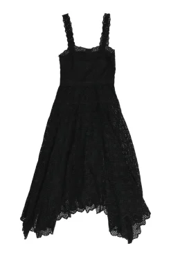 Black cotton scalloped broderie Anglaise half-button sun dress with drawstring waist and fixed straps