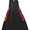 Black cotton slip-on midi A-line sun dress with darted bodice and hip floral block print motif