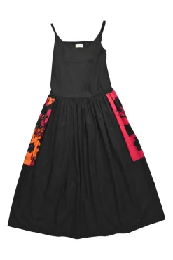 Black cotton slip-on midi A-line sun dress with darted bodice and hip floral block print motif