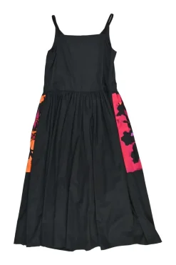 Black cotton slip-on midi A-line sun dress with darted bodice and hip floral block print motif