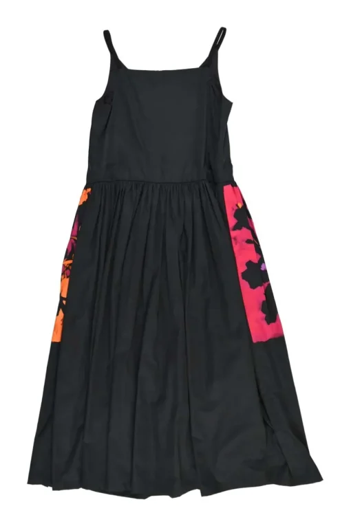 Black cotton slip-on midi A-line sun dress with darted bodice and hip floral block print motif