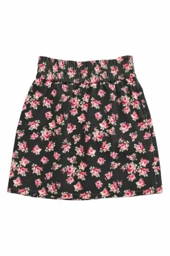 Black cotton twill rose print pull-on high-rise mini skirt with elasticated waistband