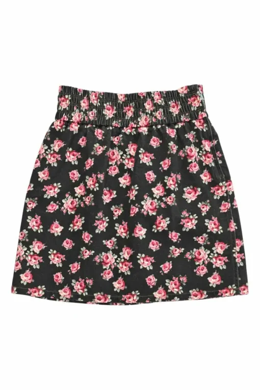 Black cotton twill rose print pull-on high-rise mini skirt with elasticated waistband
