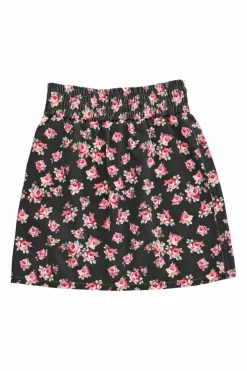 Black cotton twill rose print pull-on high-rise mini skirt with elasticated waistband