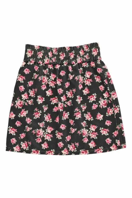 Black cotton twill rose print pull-on high-rise mini skirt with elasticated waistband