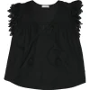 Black cotton V-neck pullover scalloped flutter sleeve swing top with tonal lace inserts