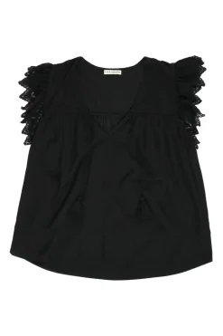 Black cotton V-neck pullover scalloped flutter sleeve swing top with tonal lace inserts