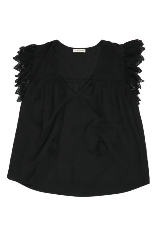 Black cotton V-neck pullover scalloped flutter sleeve swing top with tonal lace inserts