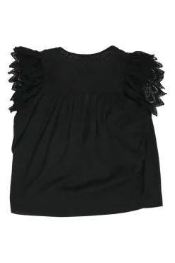 Black cotton V-neck pullover scalloped flutter sleeve swing top with tonal lace inserts