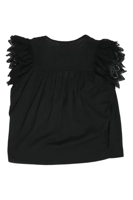 Black cotton V-neck pullover scalloped flutter sleeve swing top with tonal lace inserts