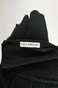 Black cotton V-neck pullover scalloped flutter sleeve swing top with tonal lace inserts