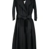 Black cotton wrap-front notch collar tie-waist A-line midi dress