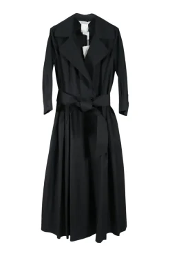 Black cotton wrap-front notch collar tie-waist A-line midi dress