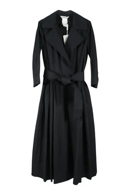 Black cotton wrap-front notch collar tie-waist A-line midi dress