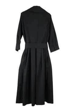 Black cotton wrap-front notch collar tie-waist A-line midi dress