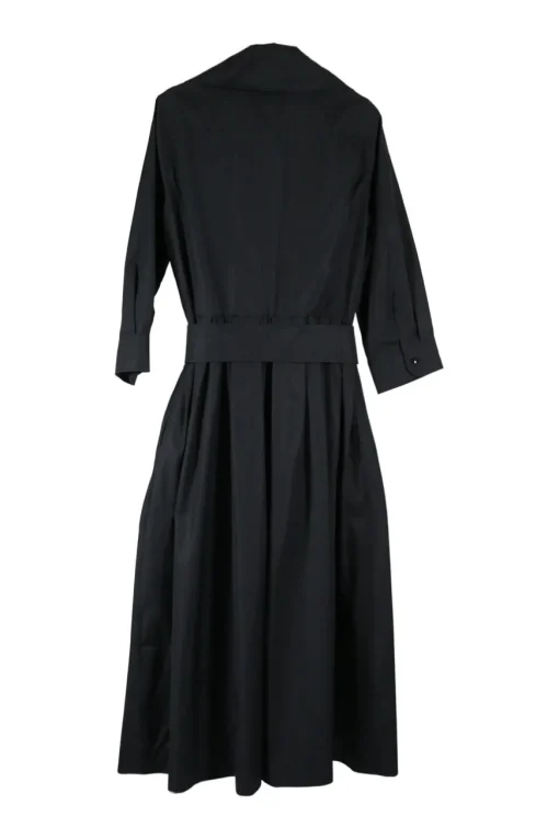 Black cotton wrap-front notch collar tie-waist A-line midi dress