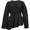 Black cotton-blend asymmetric long sleeve peplum top