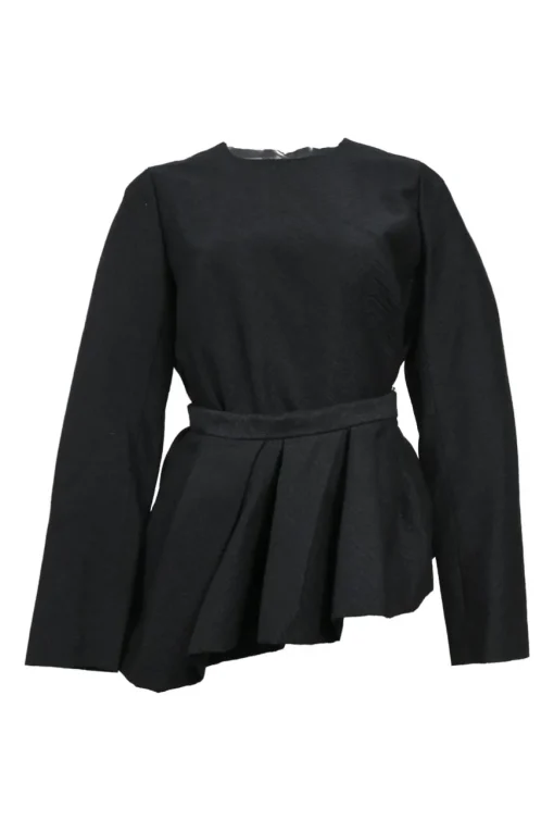 Black cotton-blend asymmetric long sleeve peplum top