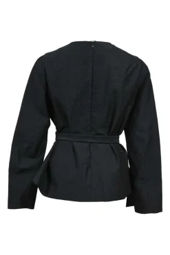 Black cotton-blend asymmetric long sleeve peplum top