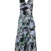 Black cotton-blend crêpe abstract print draped A-line plunge sun dress with criss-cross back