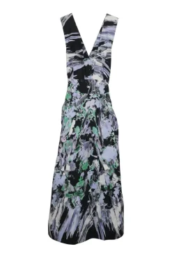 Black cotton-blend crêpe abstract print draped A-line plunge sun dress with criss-cross back